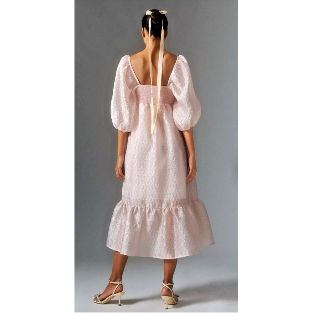 ANTHROPOLOGIE Women Size Small Textured Puff Sleeve Baby Doll Midi Dress Pink - Picture 2 of 14